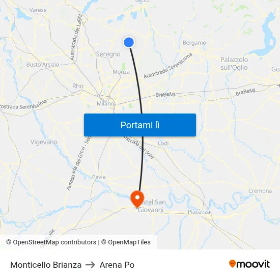 Monticello Brianza to Arena Po map