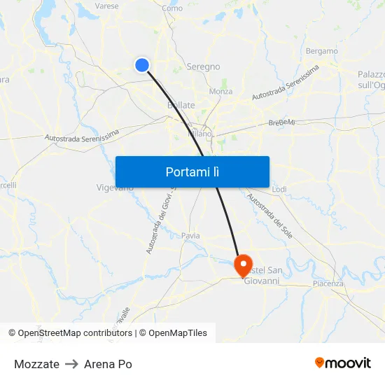 Mozzate to Arena Po map
