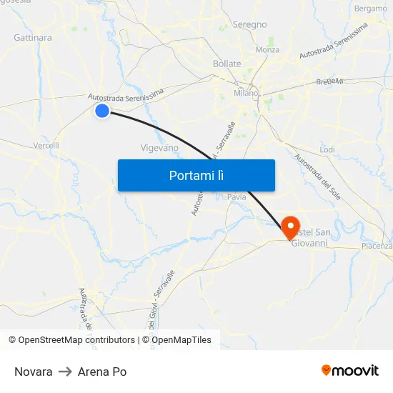 Novara to Arena Po map