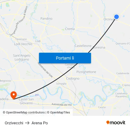 Orzivecchi to Arena Po map