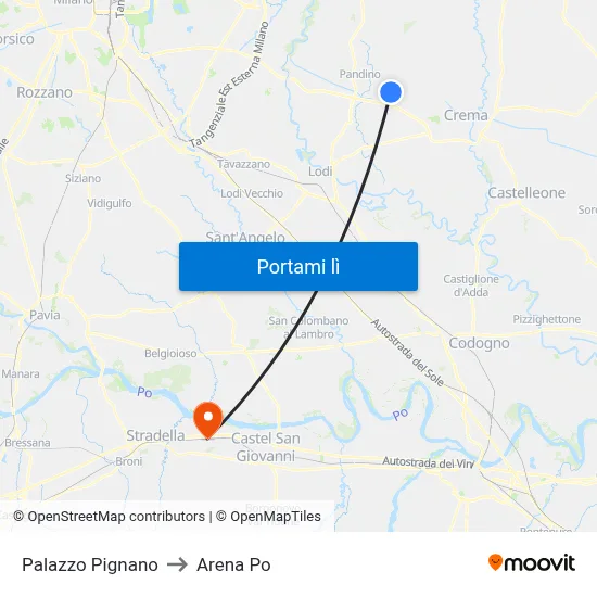 Palazzo Pignano to Arena Po map