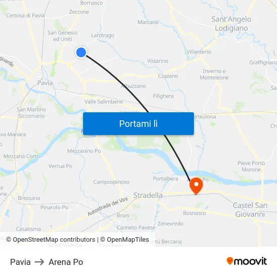 Pavia to Arena Po map