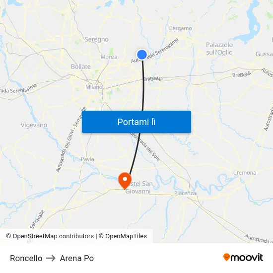 Roncello to Arena Po map