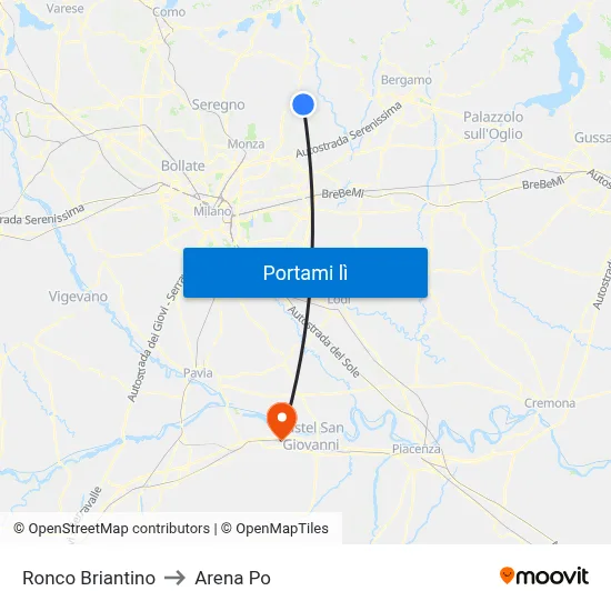 Ronco Briantino to Arena Po map