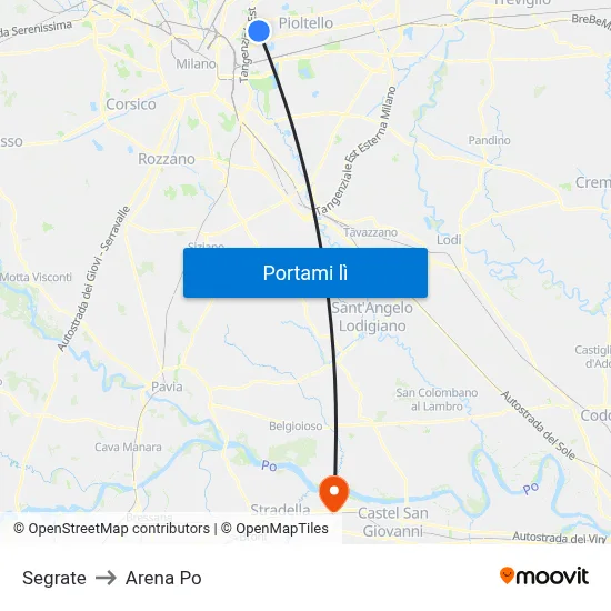 Segrate to Arena Po map