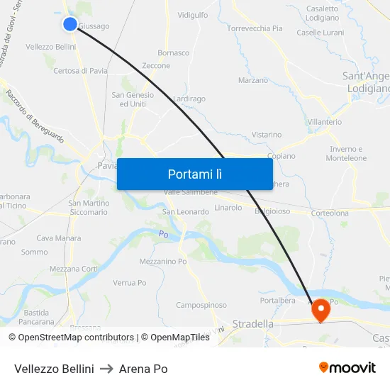 Vellezzo Bellini to Arena Po map