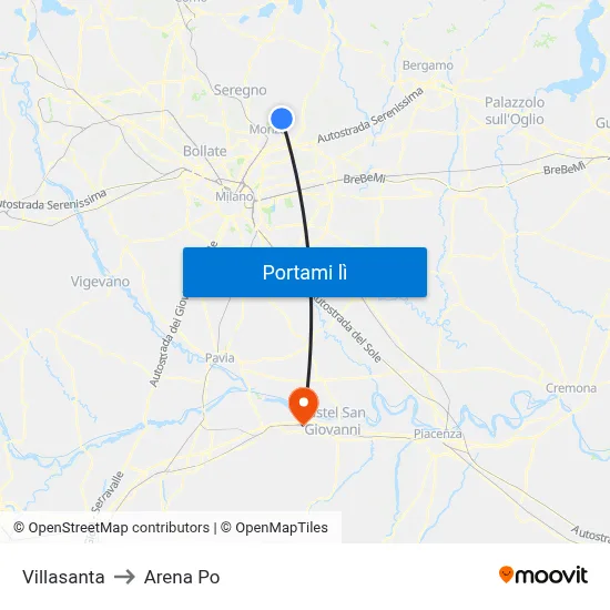 Villasanta to Arena Po map