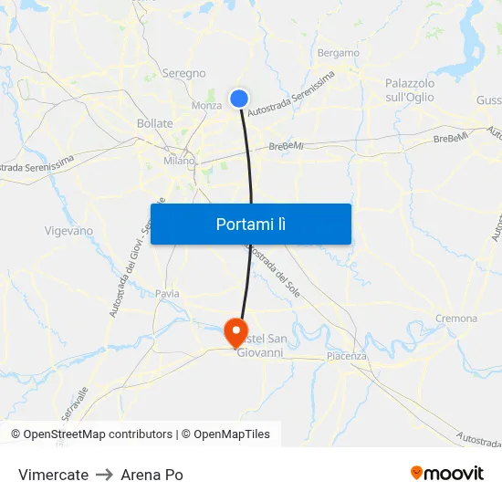 Vimercate to Arena Po map