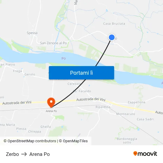 Zerbo to Arena Po map