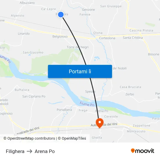 Filighera to Arena Po map