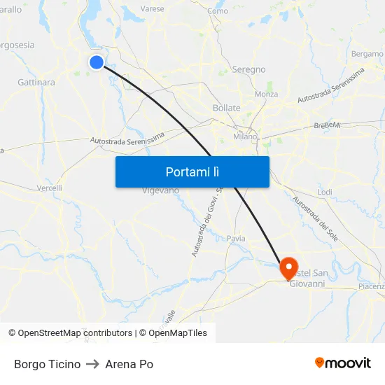 Borgo Ticino to Arena Po map