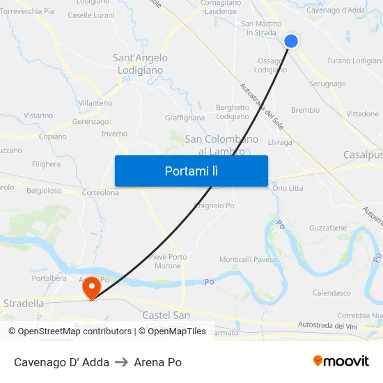Cavenago D' Adda to Arena Po map