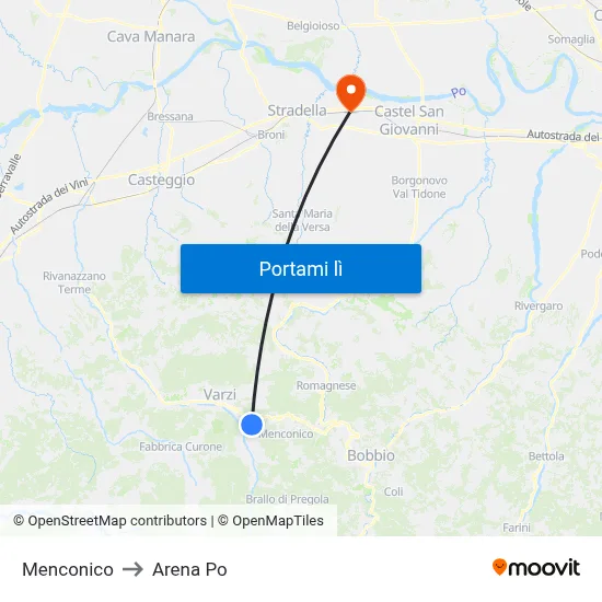 Menconico to Arena Po map