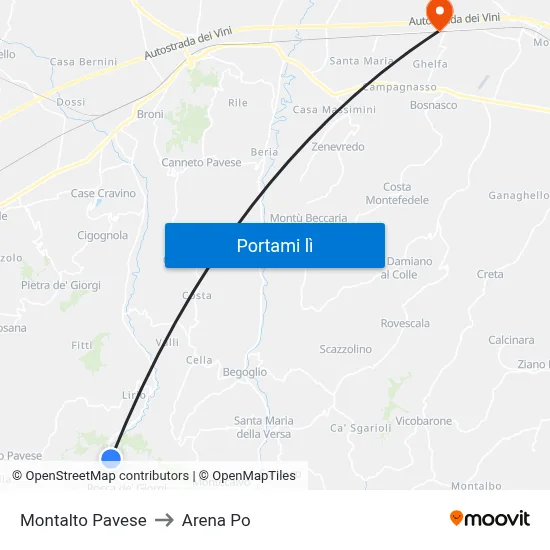 Montalto Pavese to Arena Po map