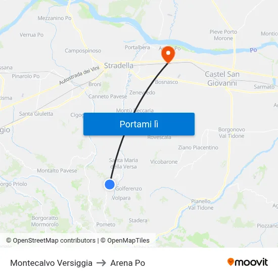Montecalvo Versiggia to Arena Po map