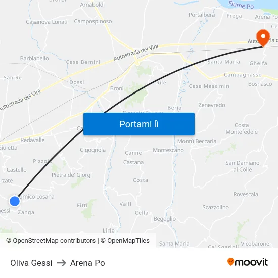 Oliva Gessi to Arena Po map