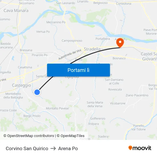 Corvino San Quirico to Arena Po map