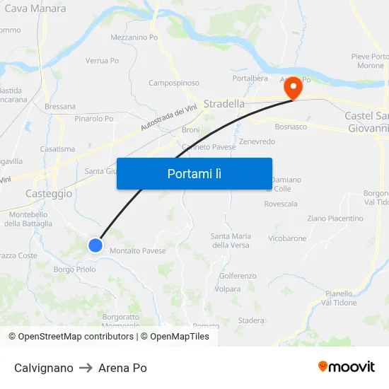Calvignano to Arena Po map