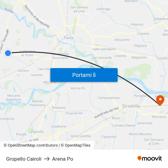Gropello Cairoli to Arena Po map