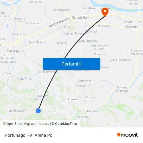 Fortunago to Arena Po map