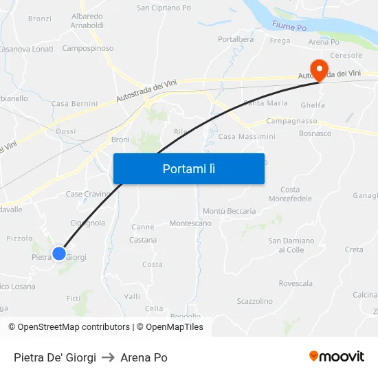 Pietra De' Giorgi to Arena Po map