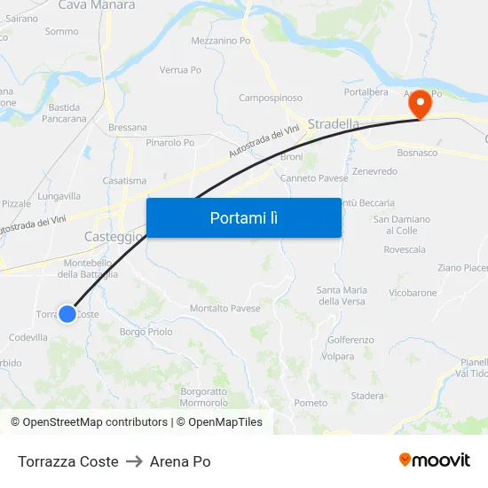 Torrazza Coste to Arena Po map