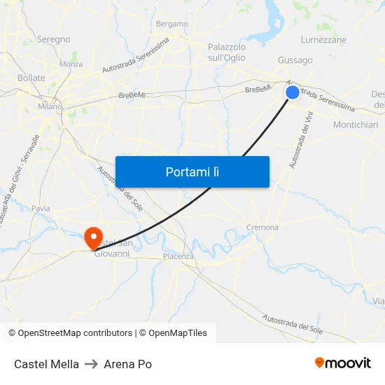 Castel Mella to Arena Po map