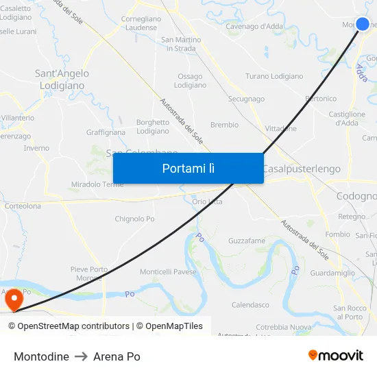 Montodine to Arena Po map