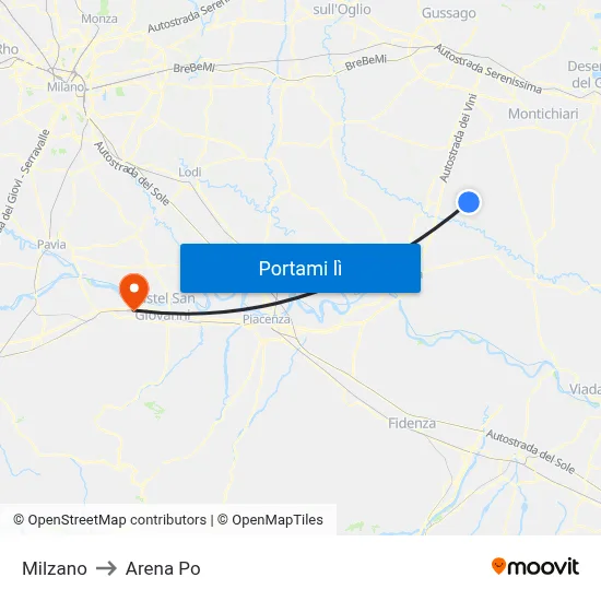 Milzano to Arena Po map