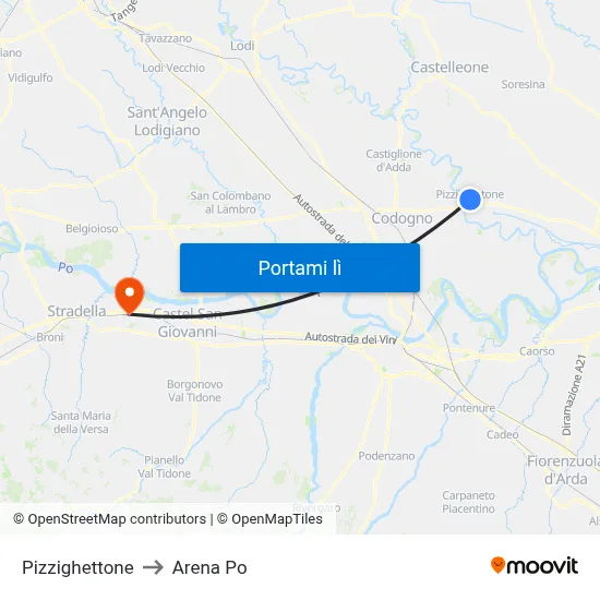 Pizzighettone to Arena Po map