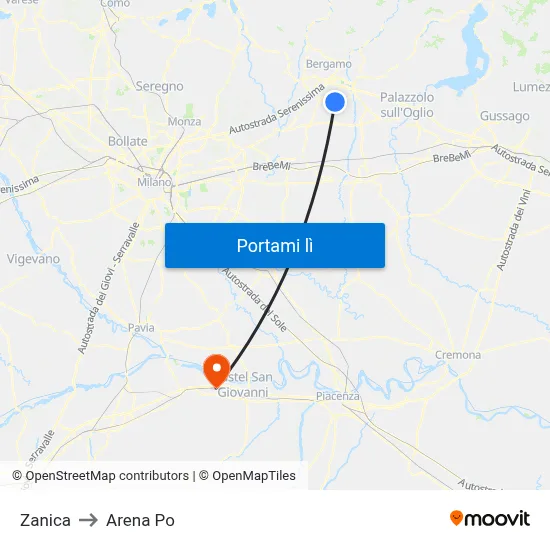 Zanica to Arena Po map
