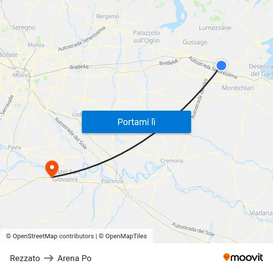 Rezzato to Arena Po map