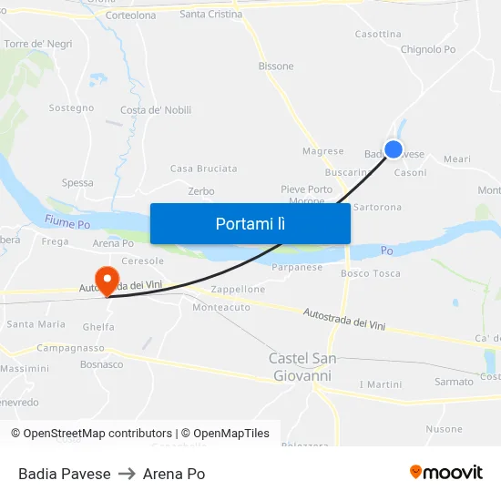 Badia Pavese to Arena Po map