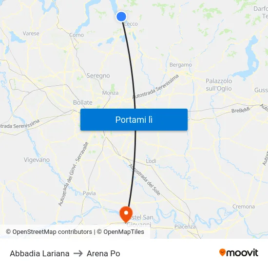Abbadia Lariana to Arena Po map