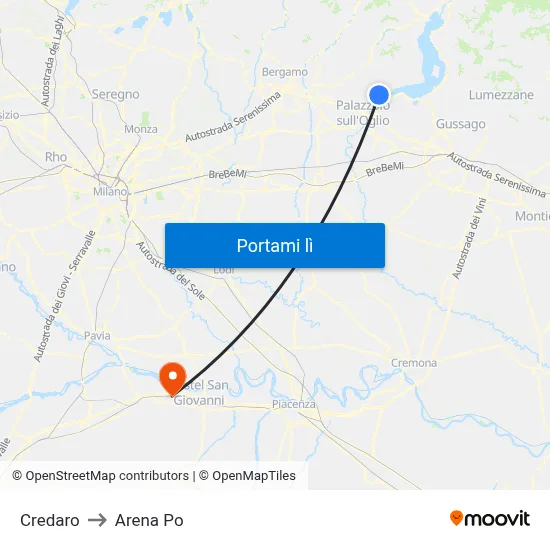 Credaro to Arena Po map