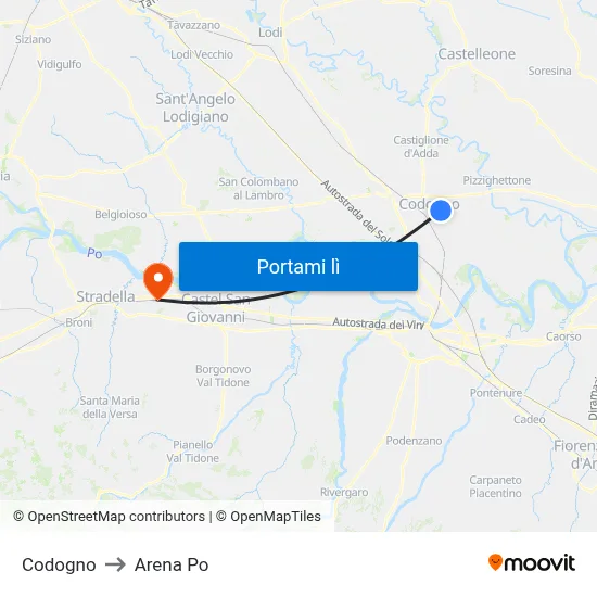 Codogno to Arena Po map