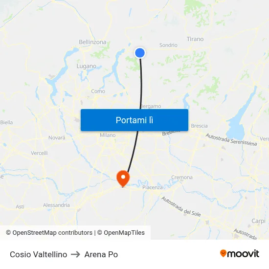 Cosio Valtellino to Arena Po map