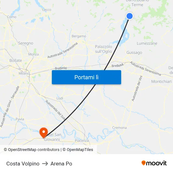 Costa Volpino to Arena Po map