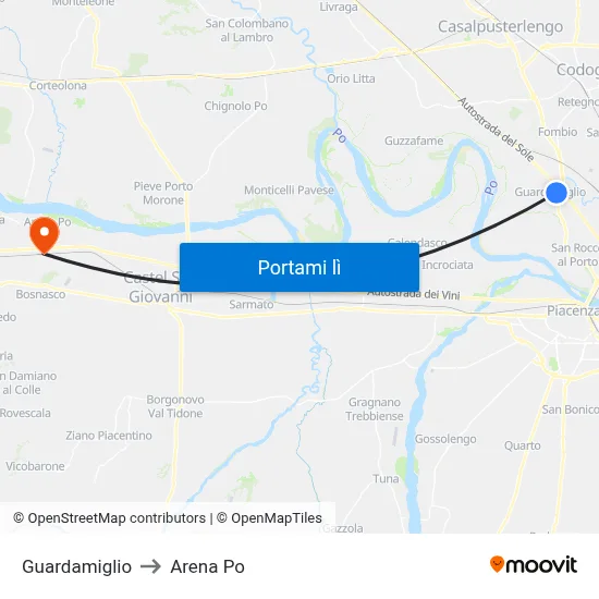 Guardamiglio to Arena Po map