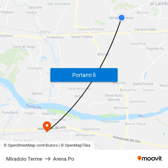 Miradolo Terme to Arena Po map