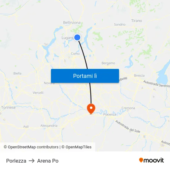 Porlezza to Arena Po map