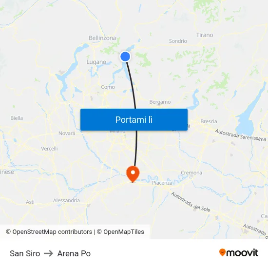 San Siro to Arena Po map