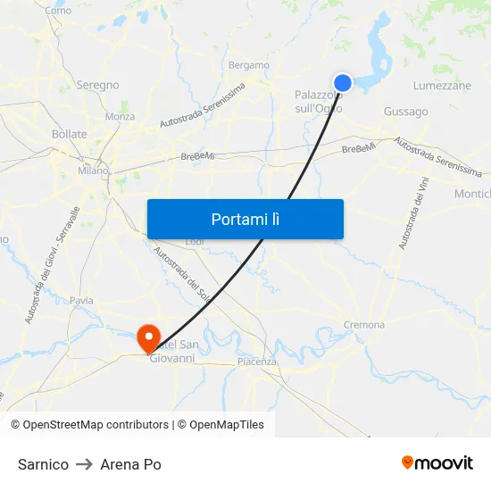 Sarnico to Arena Po map