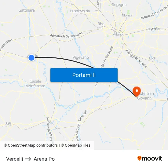 Vercelli to Arena Po map