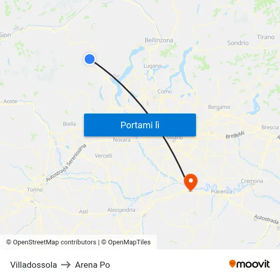Villadossola to Arena Po map