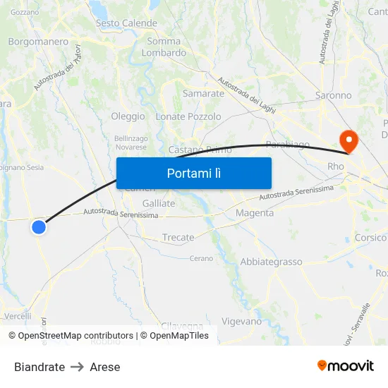 Biandrate to Arese map