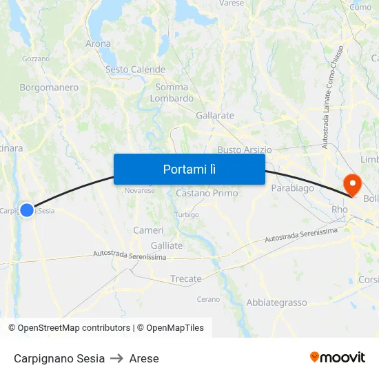 Carpignano Sesia to Arese map