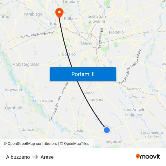 Albuzzano to Arese map