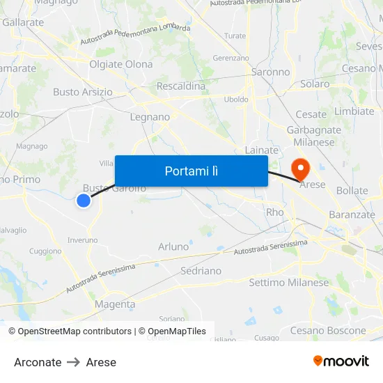 Arconate to Arese map