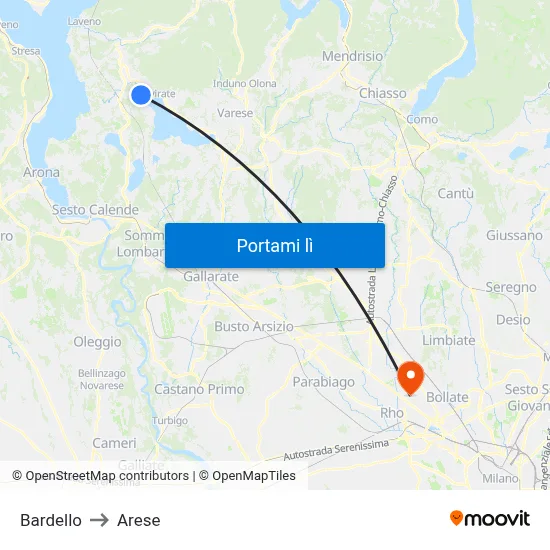 Bardello to Arese map